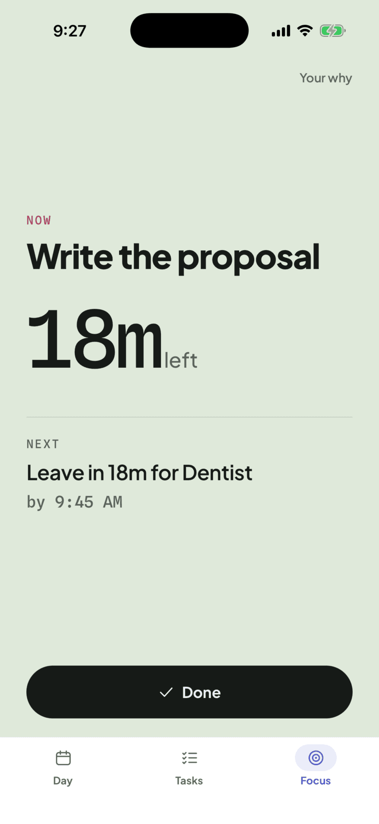 Shim’s Focus screen: Write the proposal, 18 minutes left, then leave in 18 minutes for the dentist