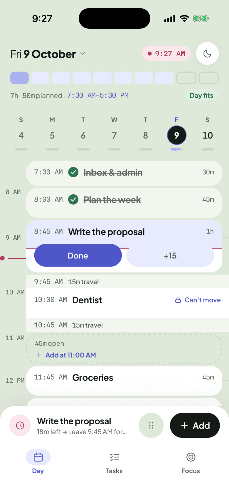 Shim’s Today screen: a day of blocks, with travel time either side of a dentist appointment